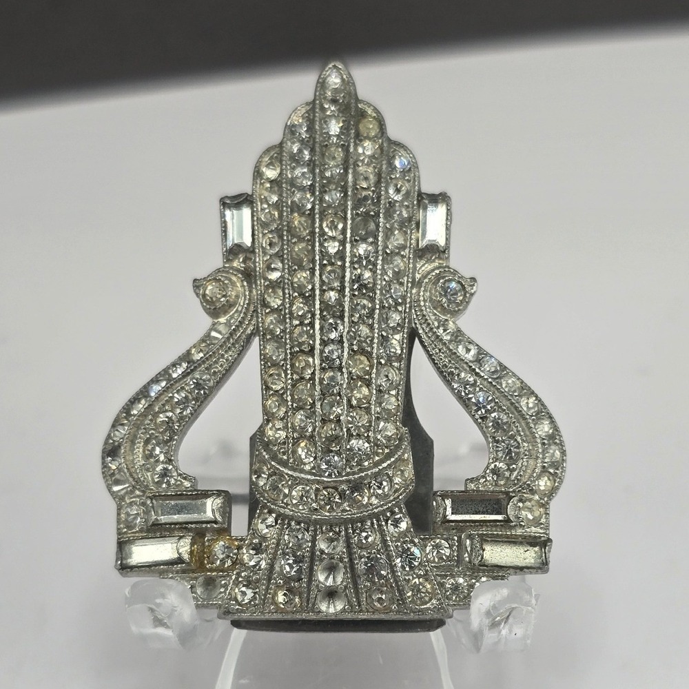 Vintage Estate Dress Clip Silver Tone Rhinestone Art Deco Geometric 2in